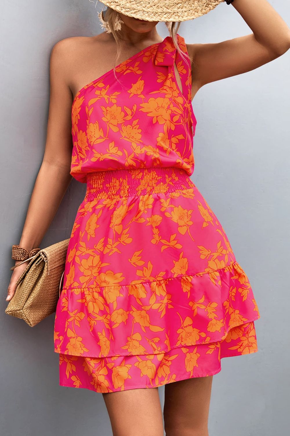 Floral Smocked Waist Tied One-Shoulder Dress  Dresses- Doll Fits