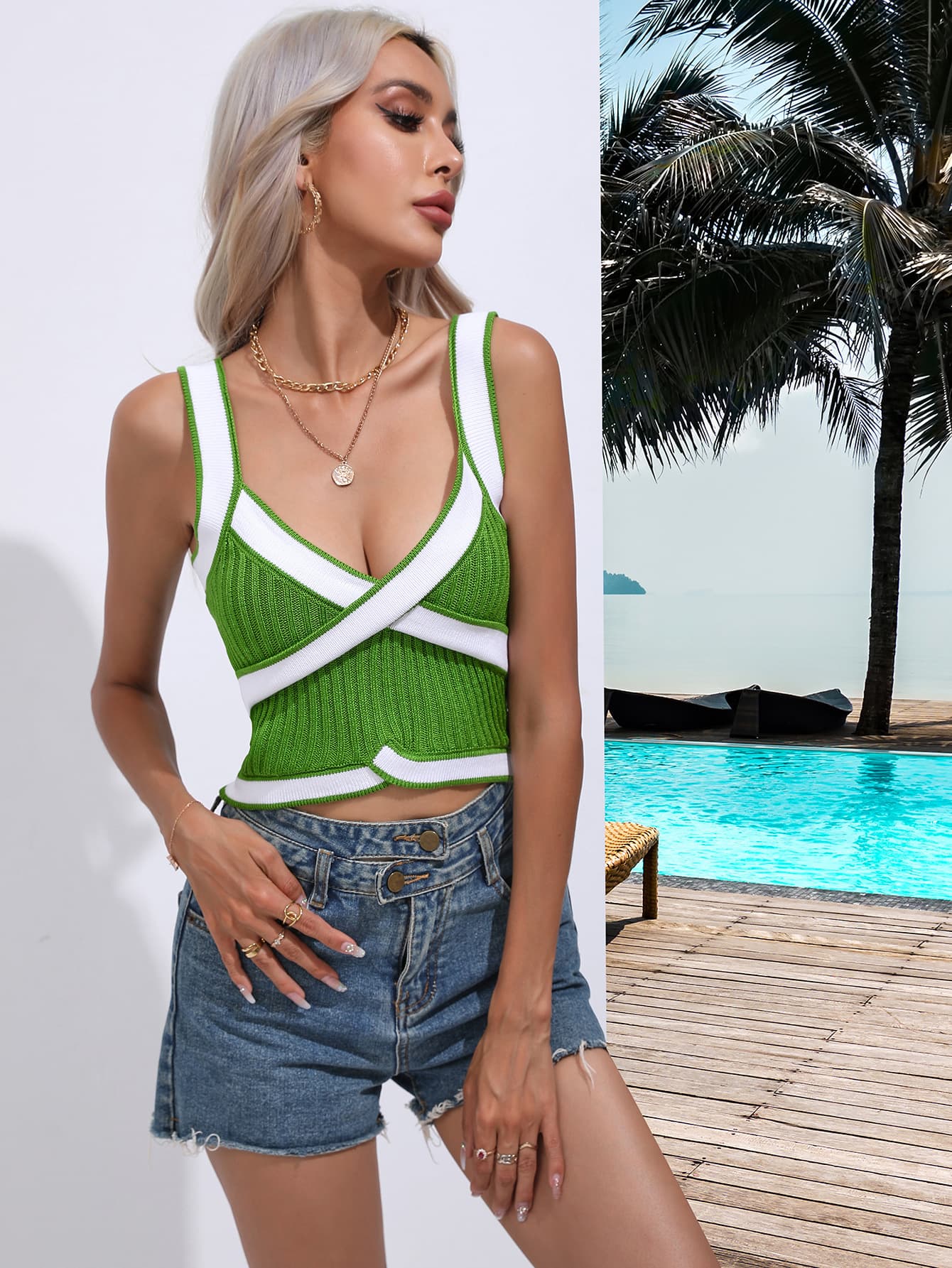 Contrast Crisscross Knit Tank  - Doll Fits