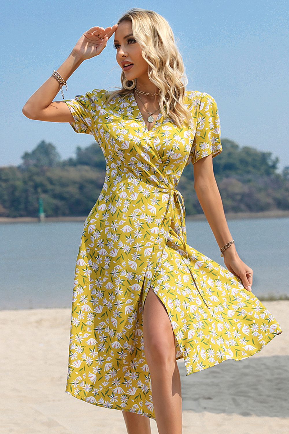 Floral Surplice Neck Short Sleeve Dress  Dresses- Doll Fits