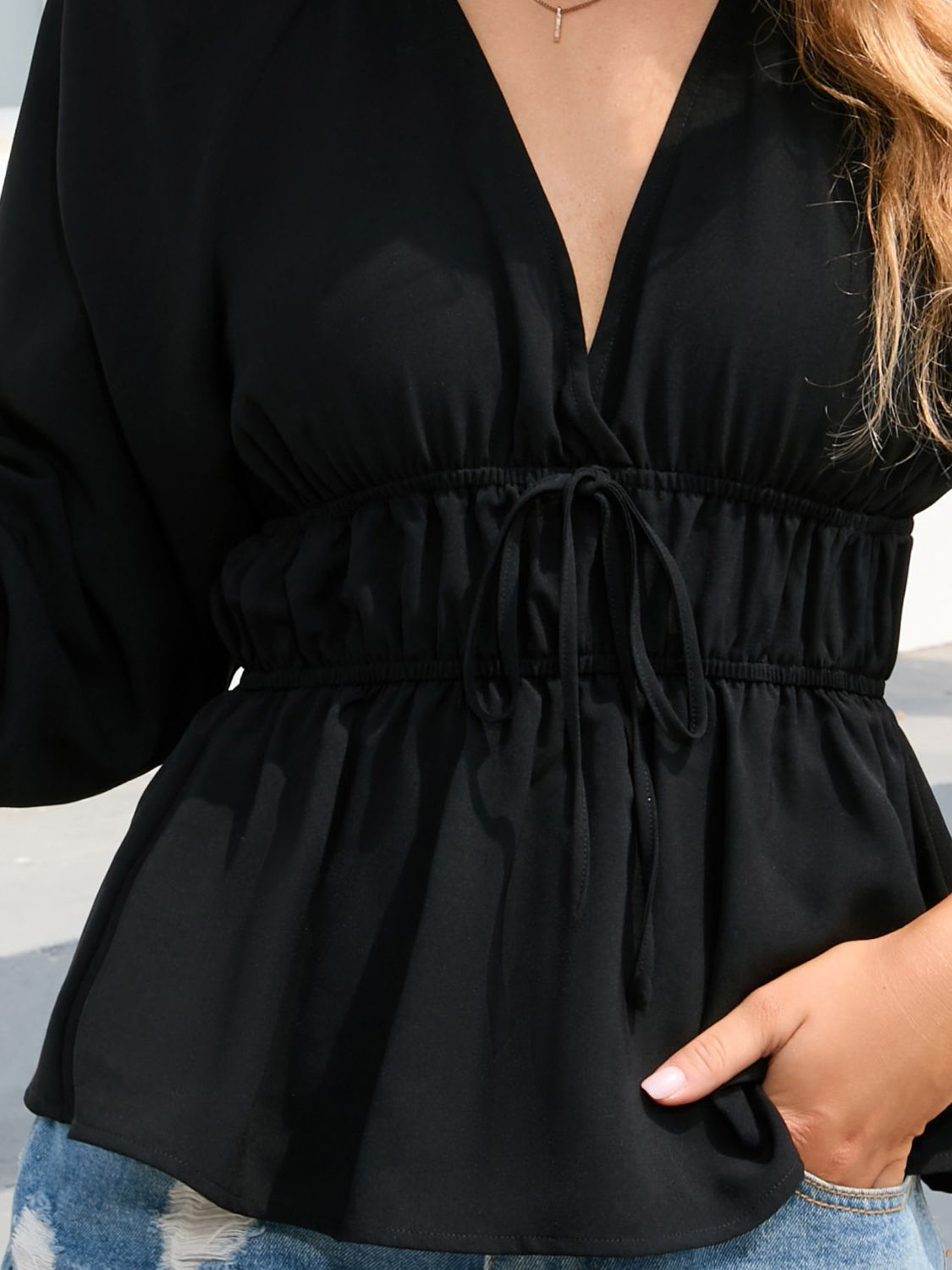Balloon Sleeve Plunge Peplum Blouse  Shirts & Tops- Doll Fits