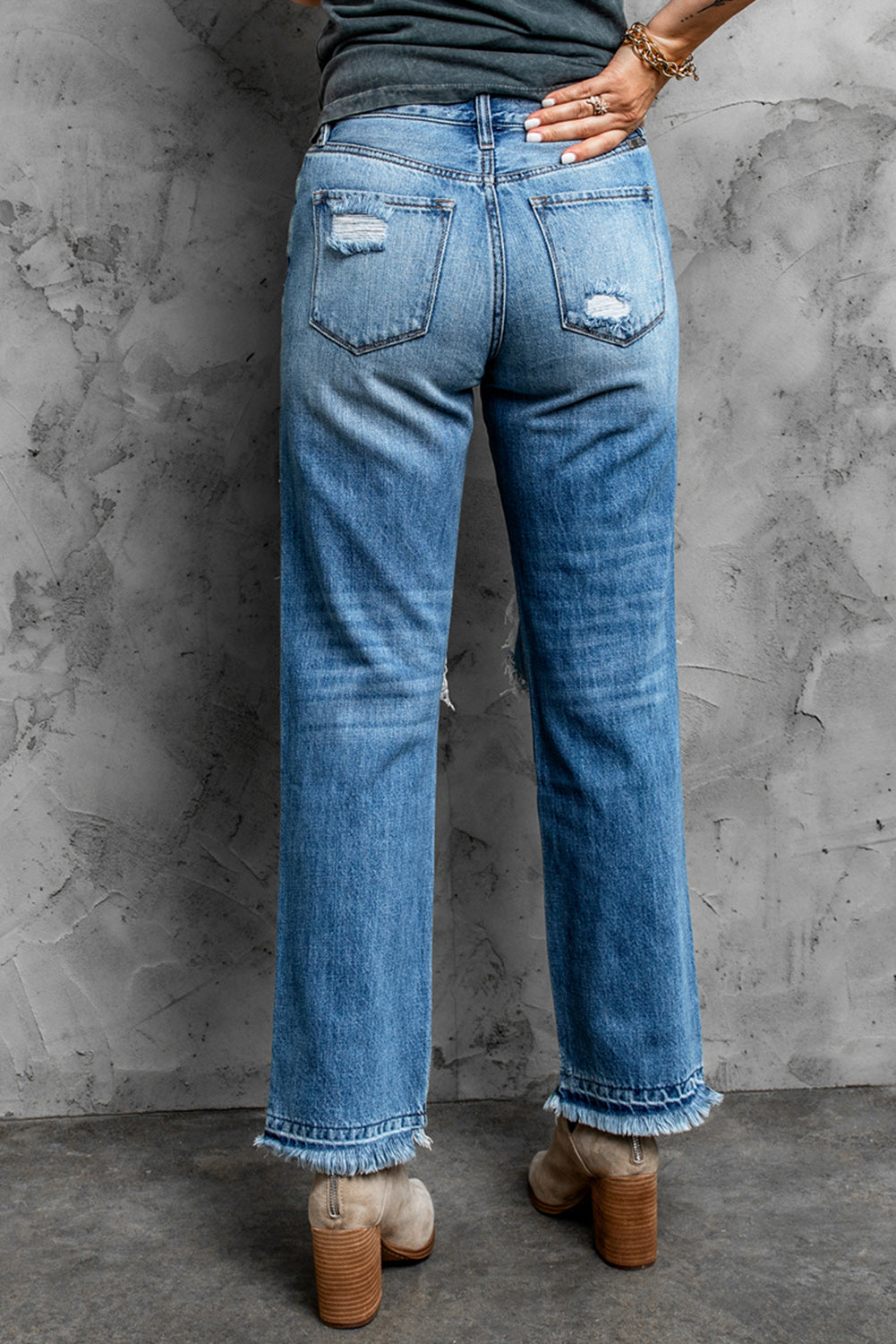 Frayed Hem Distressed Jeans with Pockets  Pants- Doll Fits