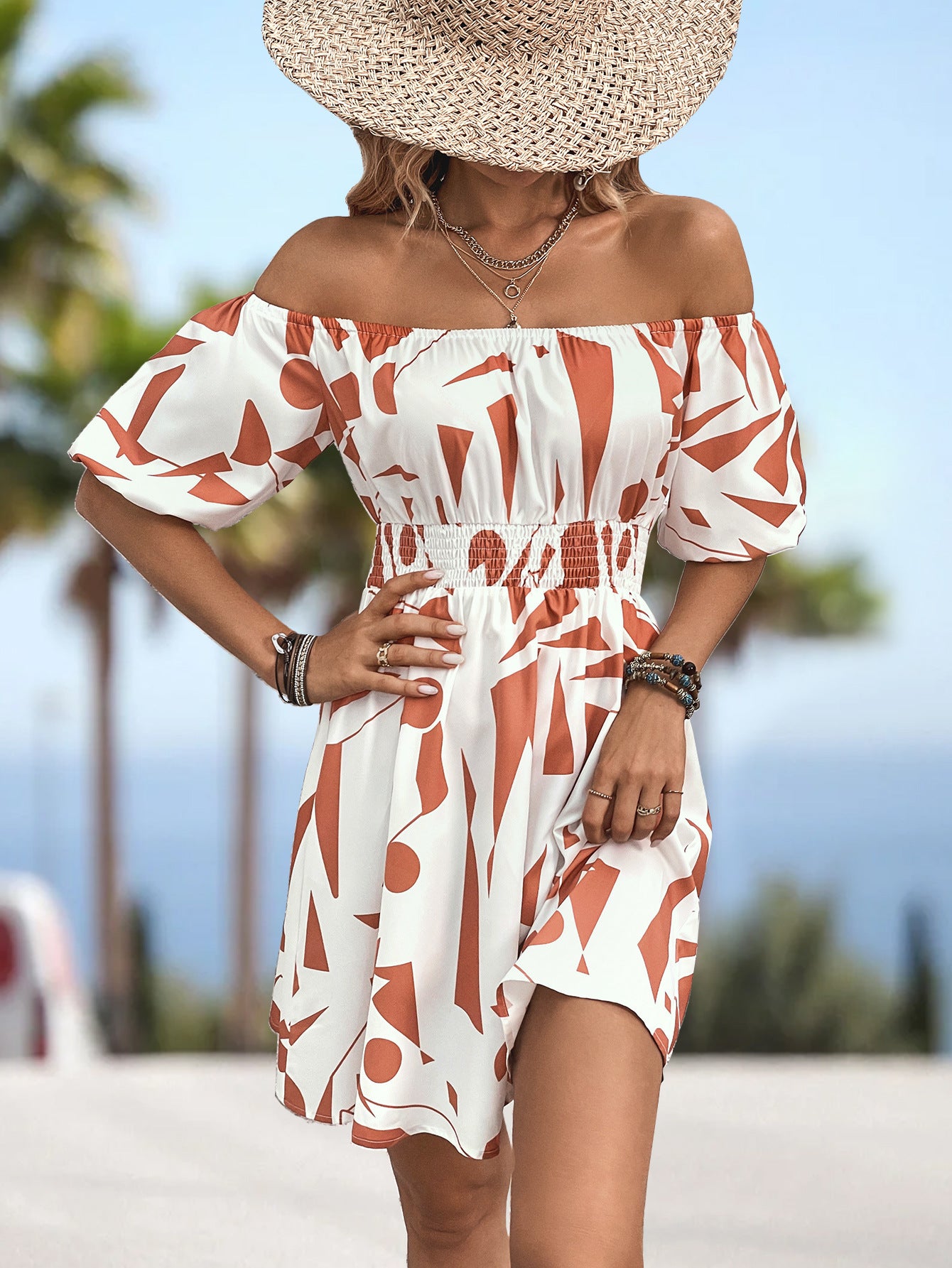 Printed Off-Shoulder Smocked Waist Dress  Dresses- Doll Fits