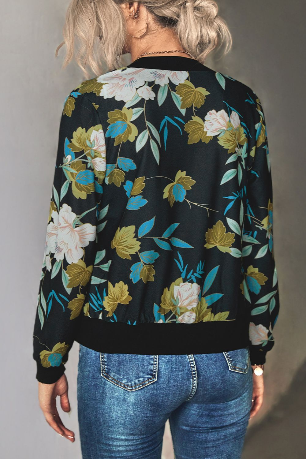 Floral Zip Up Ribbed Trim Bomber Jacket  Coats & Jackets- Doll Fits