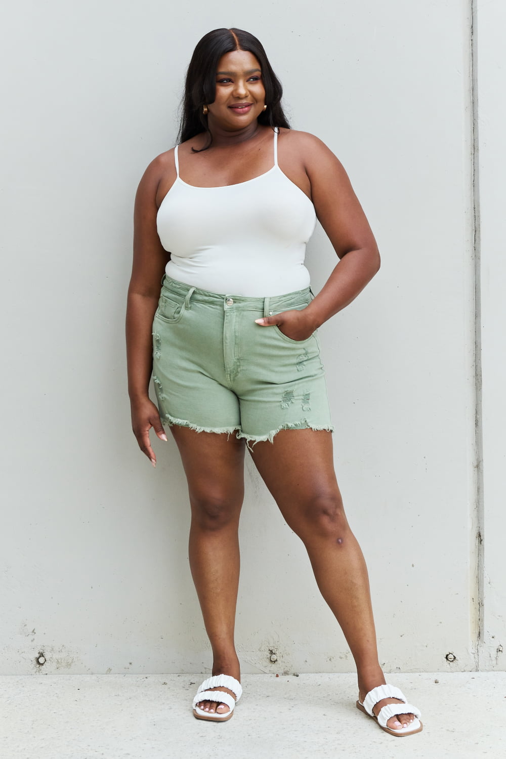 RISEN Katie Full Size High Waisted Distressed Shorts in Gum Leaf  - Doll Fits
