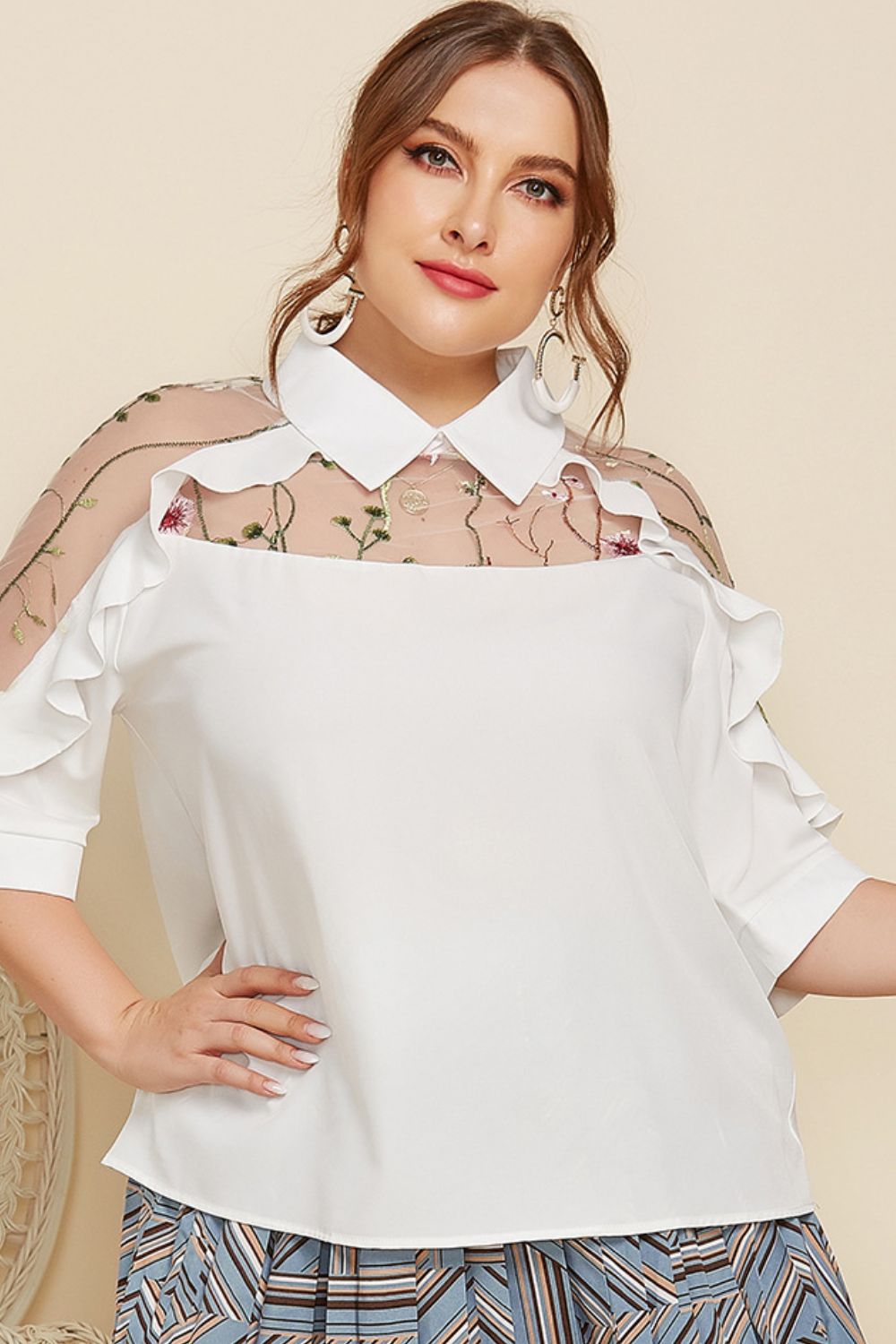 Plus Size Embroidered Ruffle Trim Collared Half Sleeve Blouse  Shirts & Tops- Doll Fits