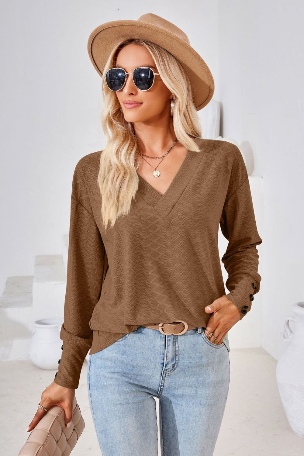 V-Neck Long Sleeve Blouse  - Doll Fits