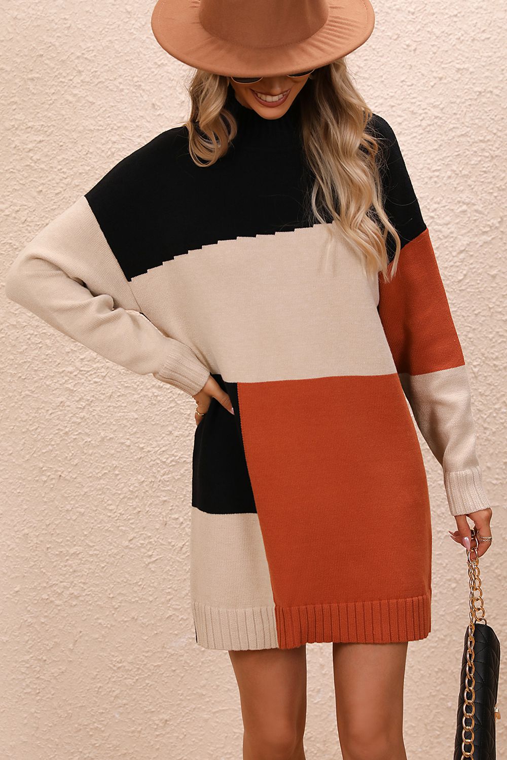 Color Block Mock Neck Dropped Shoulder Sweater Dress  Dresses- Doll Fits