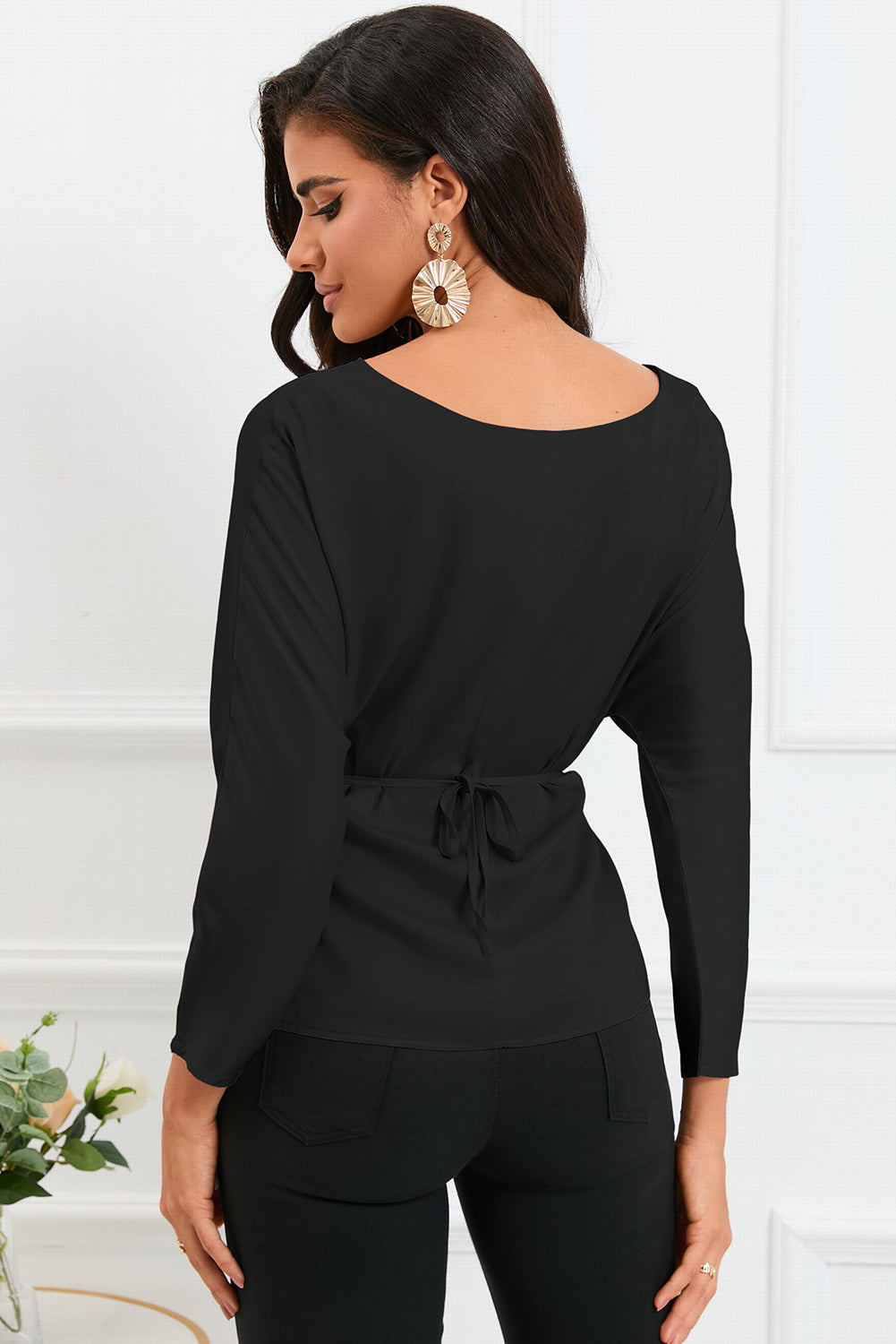 Boat Neck Back Tie Long Sleeve Satin Blouse  Shirts & Tops- Doll Fits