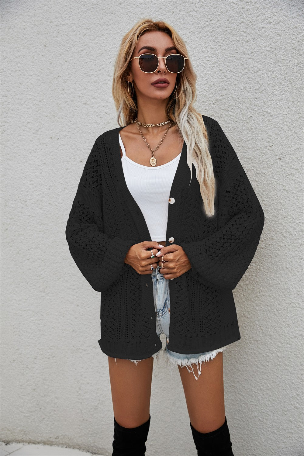 Openwork V-Neck Dropped Shoulder Cardigan  Coats & Jackets- Doll Fits
