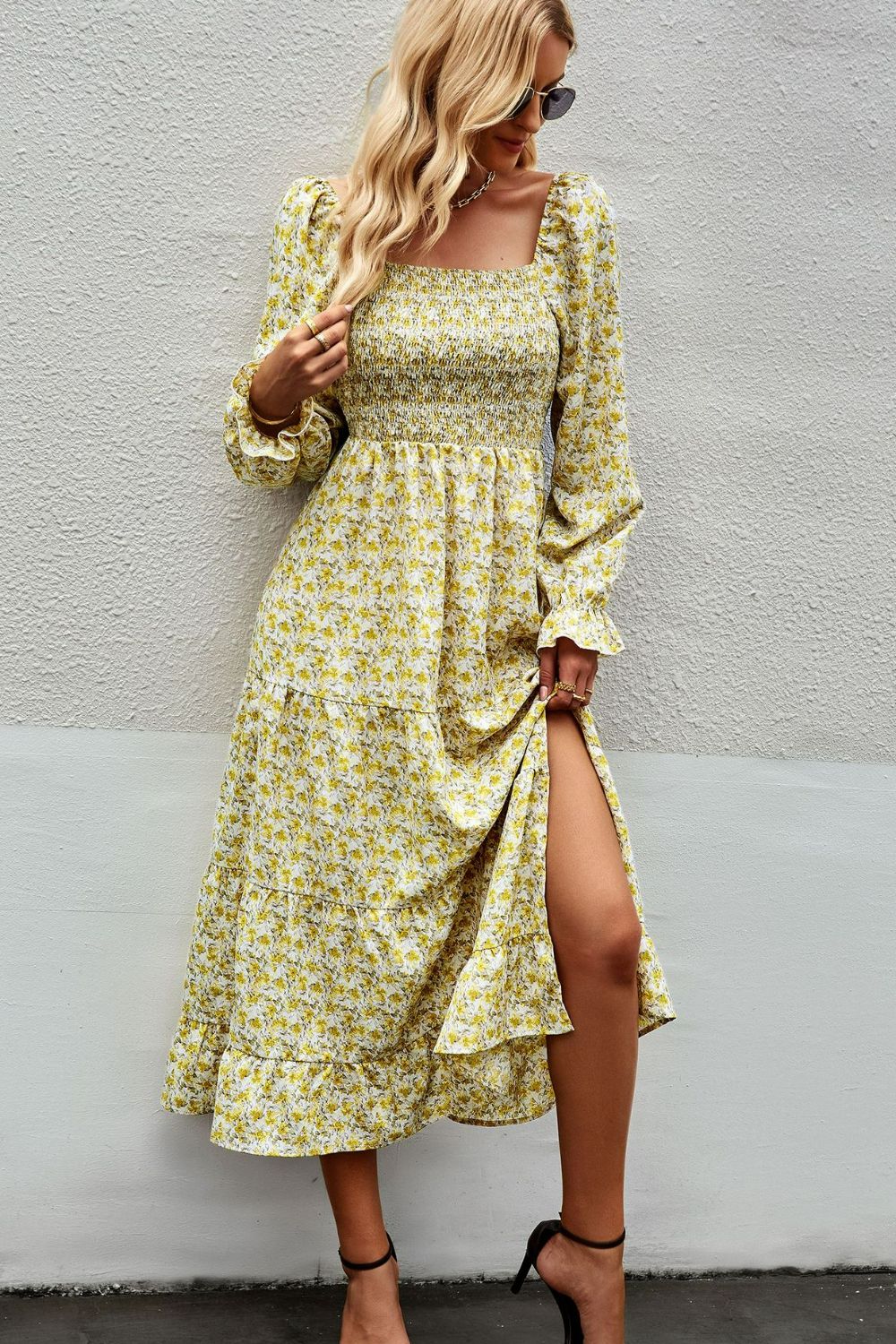 Floral Smocked Square Neck Slit Midi Dress  Dresses- Doll Fits