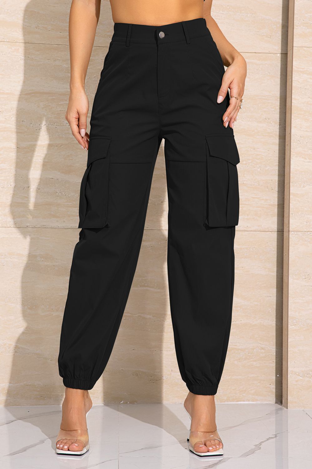 Double Take Buttoned High Waist Long Pants with Pockets  - Doll Fits