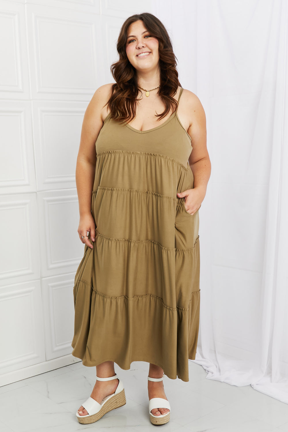 Zenana Full Size Spaghetti Strap Tiered Dress with Pockets in Khaki  Dresses- Doll Fits