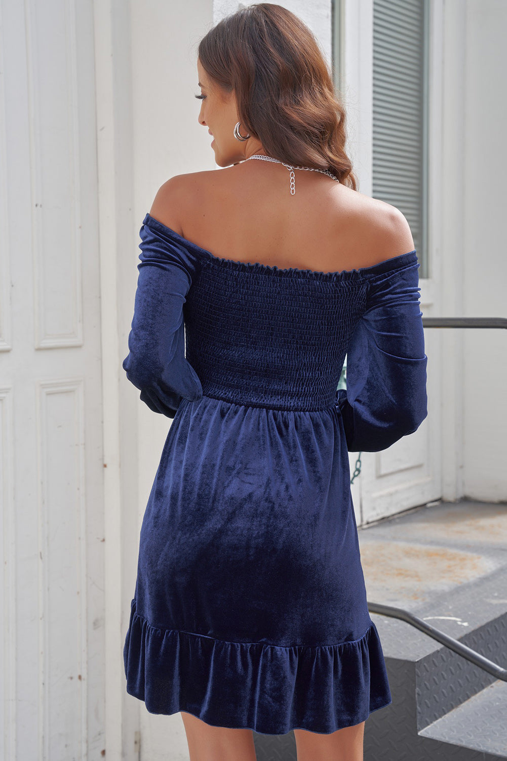 Off-Shoulder Smocked Ruffle Hem Dress  Dresses- Doll Fits