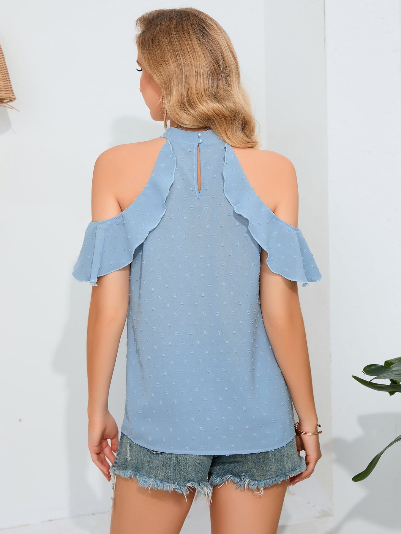 Cold Shoulder Mock Neck Swiss Dot Blouse  - Doll Fits