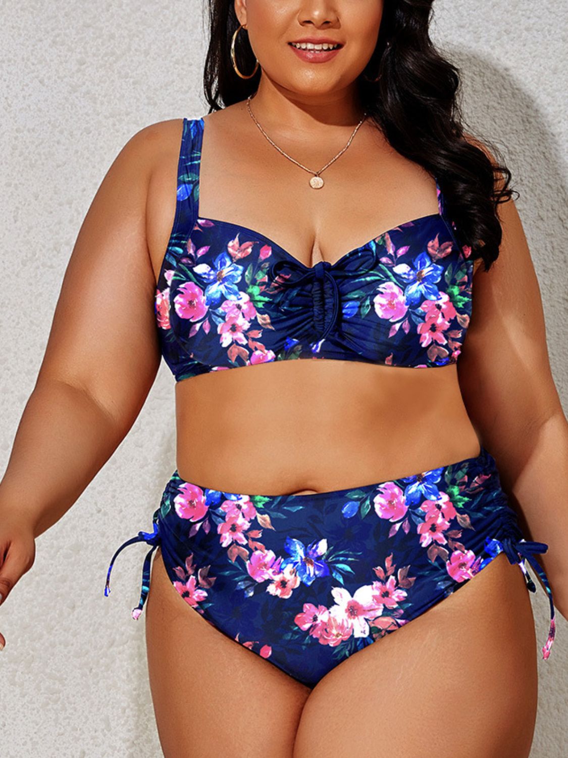 Plus Size Printed Drawstring Detail Bikini Set  Swimwear- Doll Fits