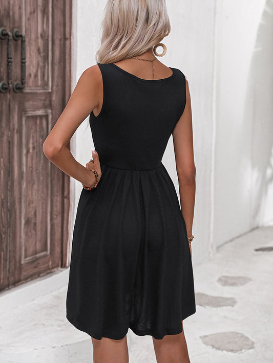 Scoop Neck Buttoned Sleeveless Dress  Dresses- Doll Fits