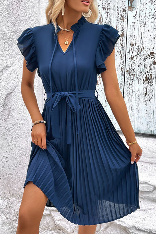 Tie Neck Belted Pleated Dress  Dresses- Doll Fits