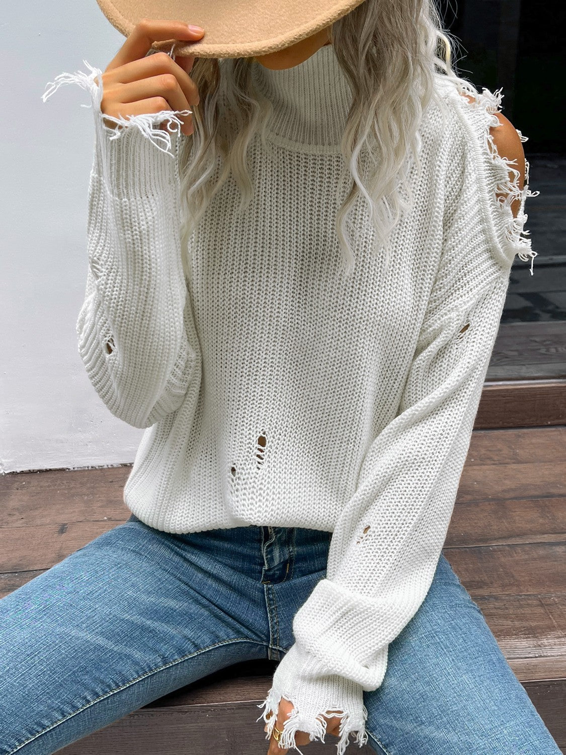 Distressed High Neck Cold-Shoulder Sweater  Shirts & Tops- Doll Fits