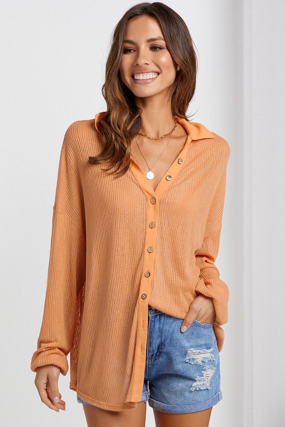 Button Front Dropped Shoulder Knit Shirt  Shirts & Tops- Doll Fits
