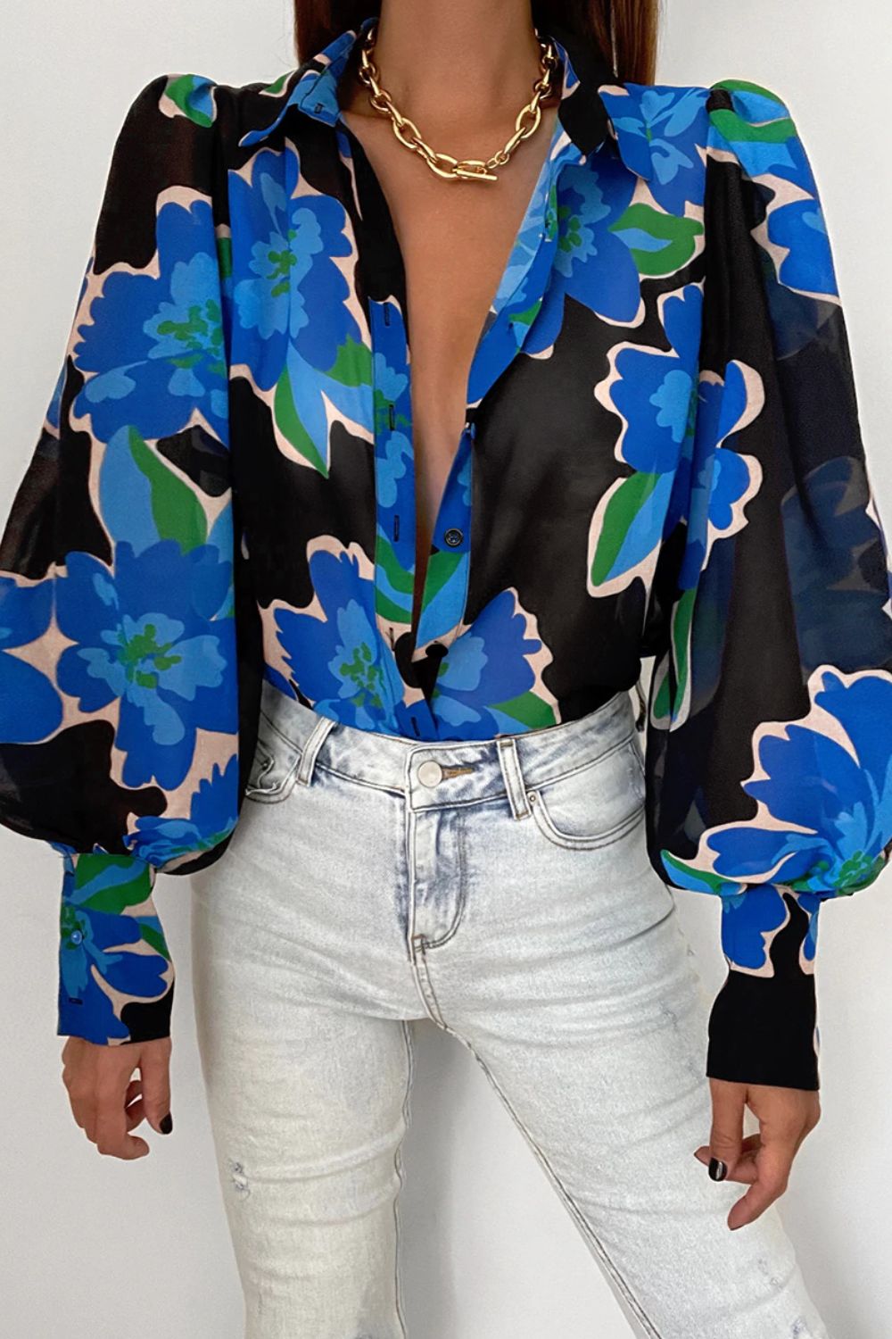 Double Take Flower Print Collared Neck Lantern Sleeve Shirt  - Doll Fits