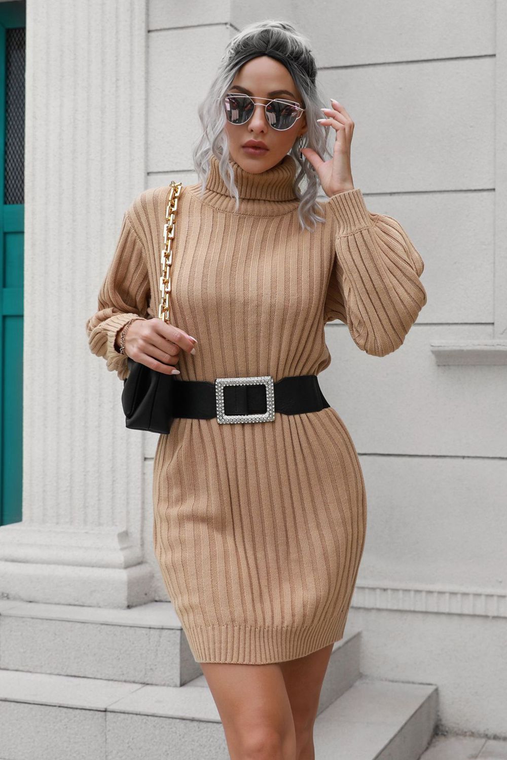 Ribbed Turtle Neck Long Sleeve Mini Sweater Dress  Dresses- Doll Fits