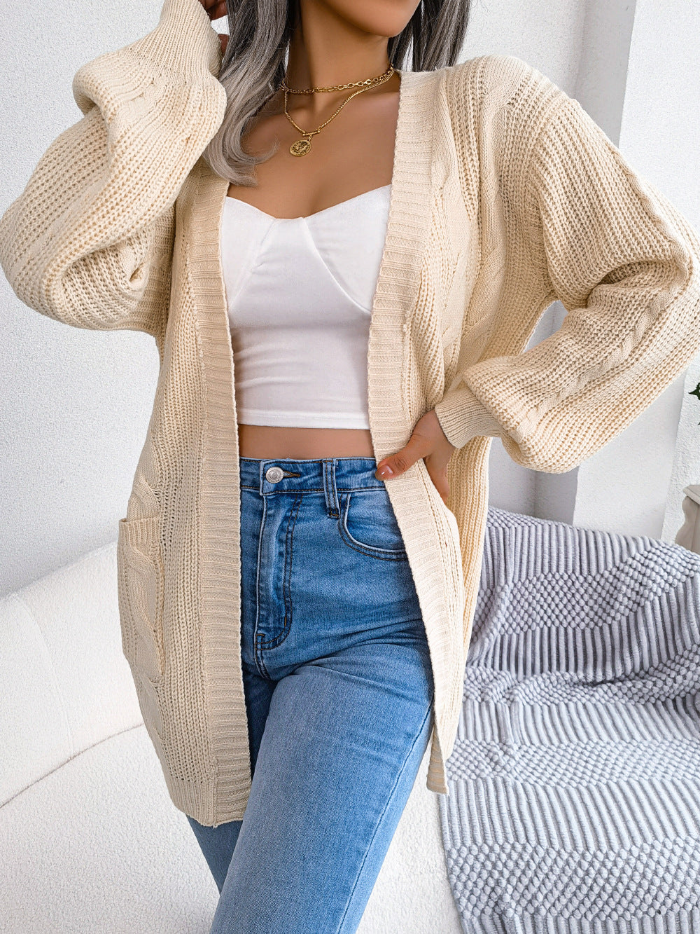 Cable-Knit Open Front Pocketed Cardigan  Coats & Jackets- Doll Fits