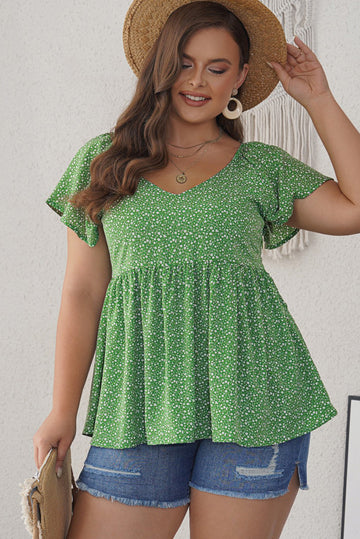 Ditsy Floral Flutter Sleeve Peplum Blouse  Shirts & Tops- Doll Fits