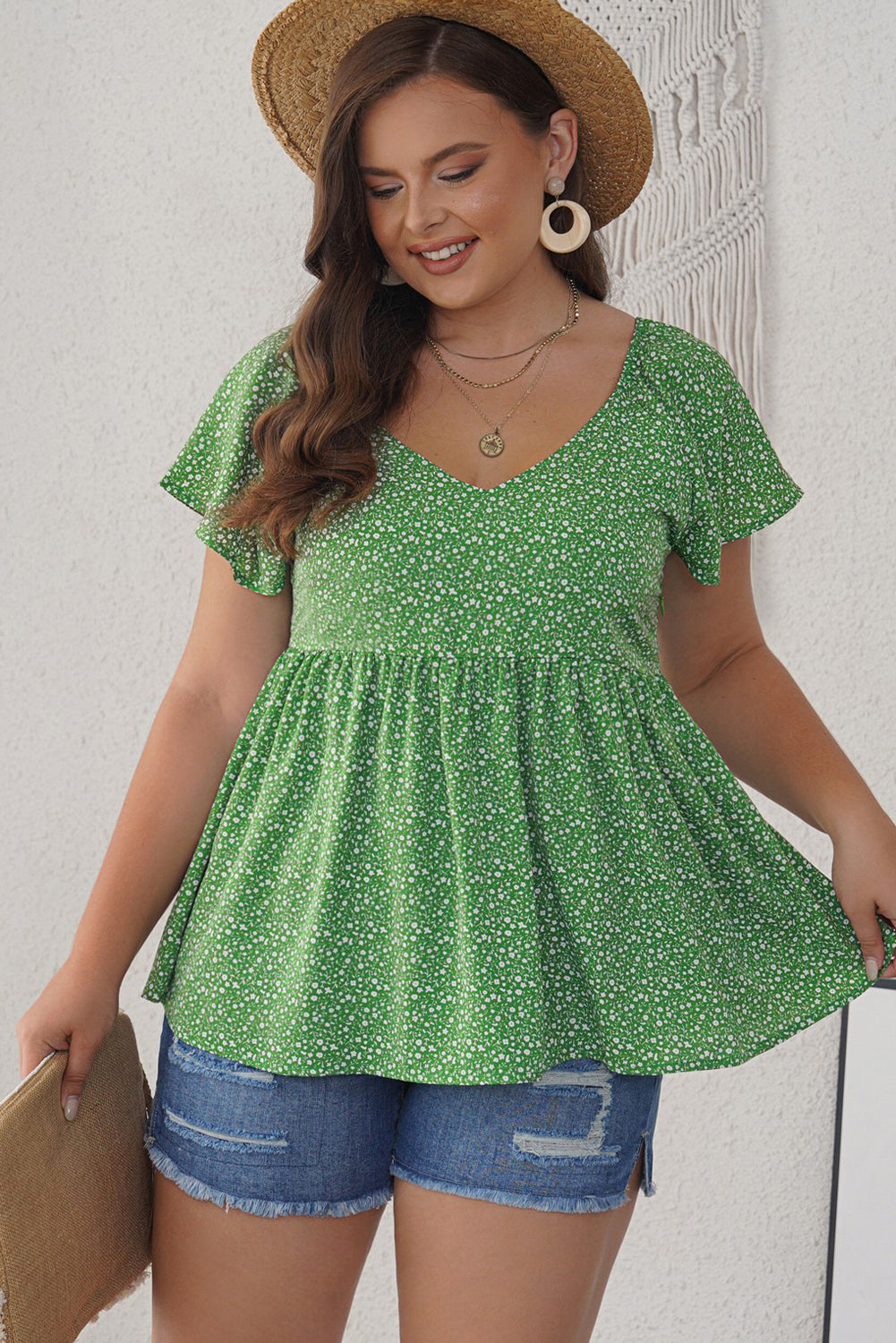 Ditsy Floral Flutter Sleeve Peplum Blouse  Shirts & Tops- Doll Fits