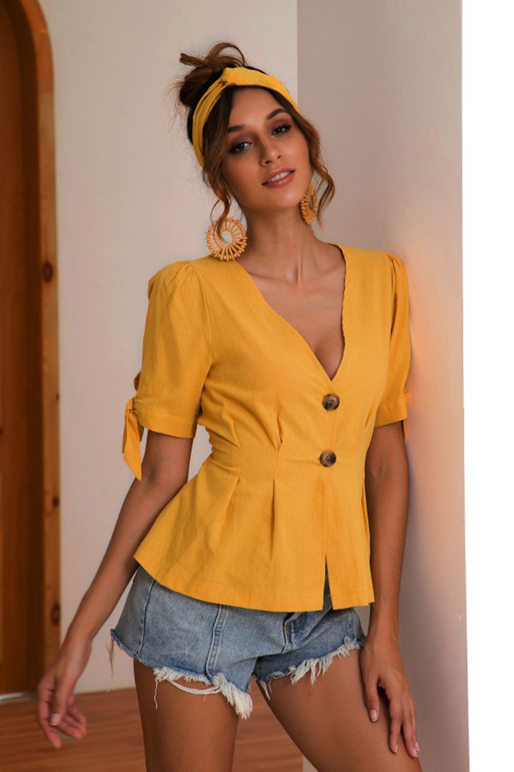 Buttoned V-Neck Short Sleeve Blouse  - Doll Fits