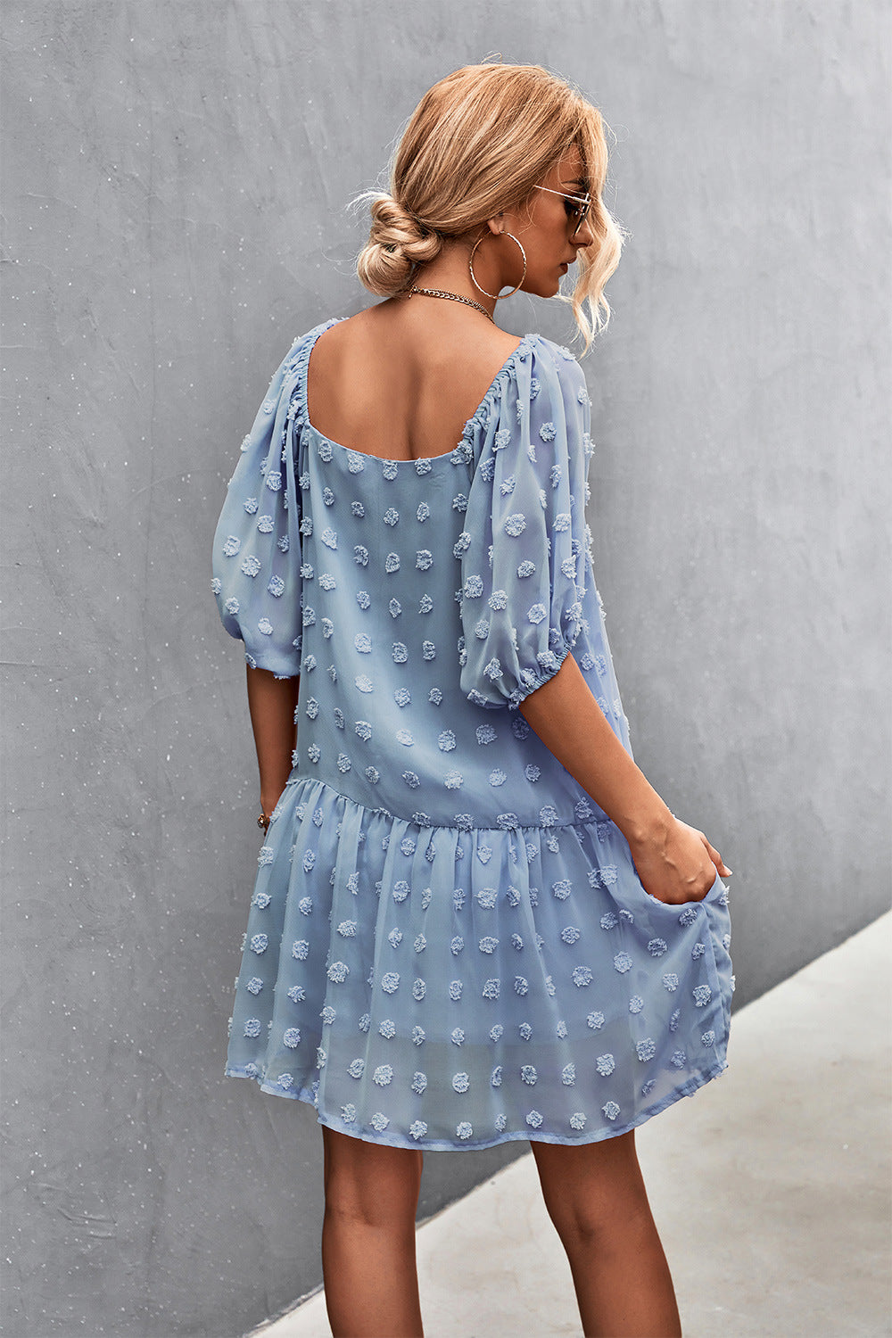 Swiss Dot Square Neck Half Balloon Sleeve Dress  Dresses- Doll Fits