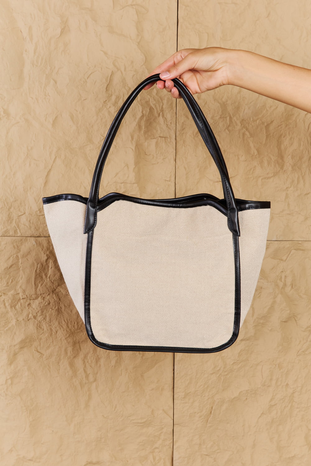 Fame Beach Chic Faux Leather Trim Tote Bag in Black  - Doll Fits