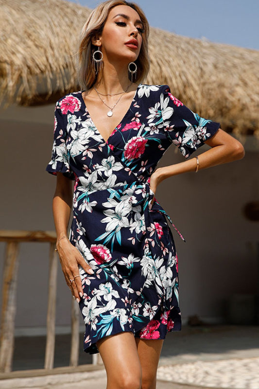 Floral Tied Flounce Sleeve Surplice Dress  Dresses- Doll Fits