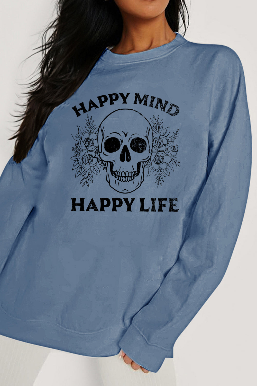 Simply Love Simply Love Full Size HAPPY MIND HAPPY LIFE SKULL Graphic Sweatshirt  Shirts & Tops- Doll Fits