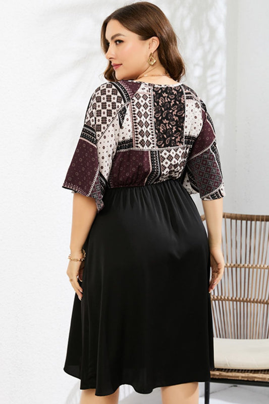 Plus Size Printed Two-Tone Flutter Sleeve Dress  Dresses- Doll Fits