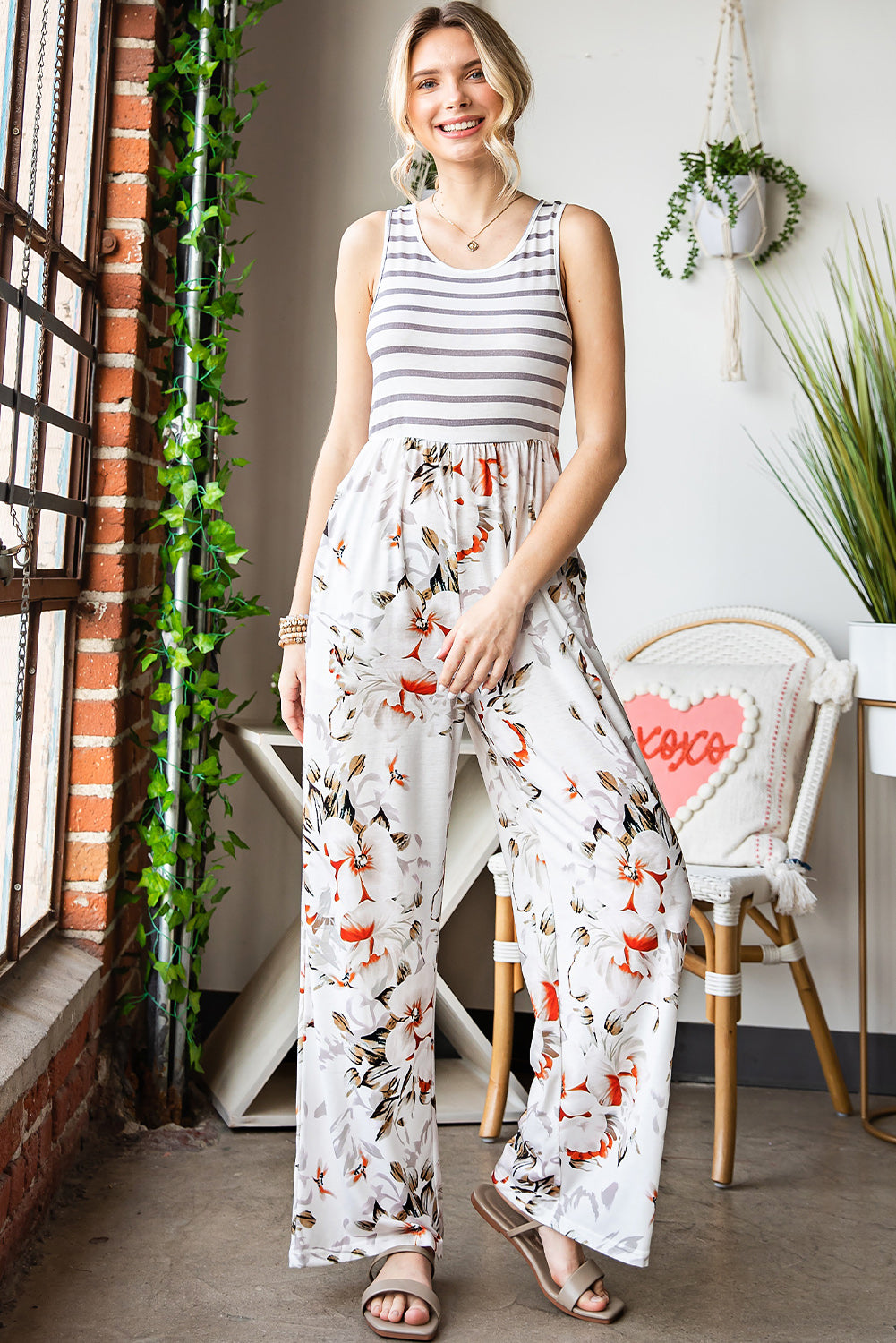 Striped Floral Sleeveless Wide Leg Jumpsuit with Pockets  Jumpsuits & Rompers- Doll Fits