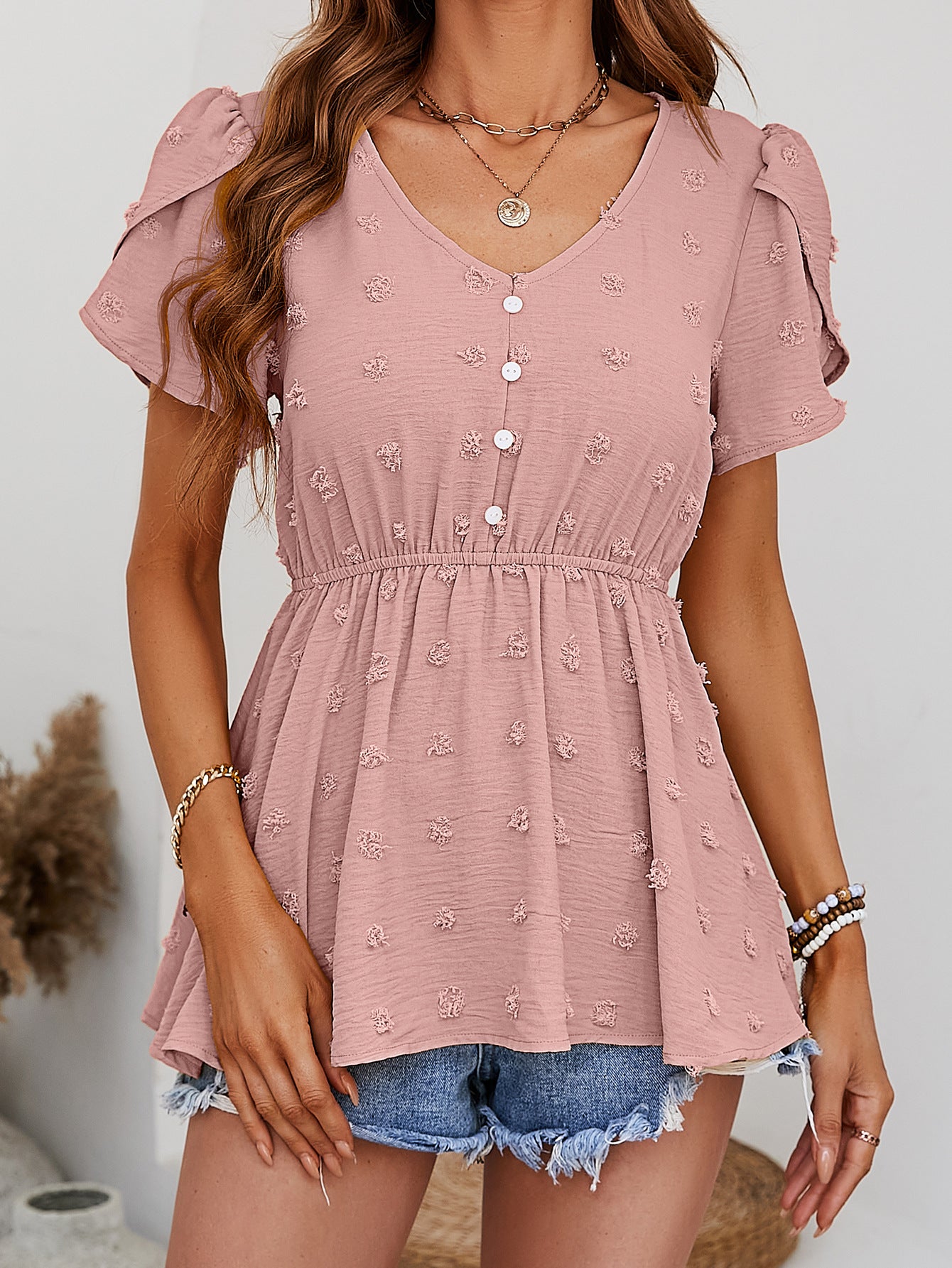 Swiss Dot Buttoned Petal Sleeve Peplum Blouse  Shirts & Tops- Doll Fits