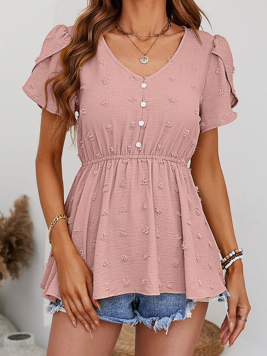 Swiss Dot Buttoned Petal Sleeve Peplum Blouse  Shirts & Tops- Doll Fits