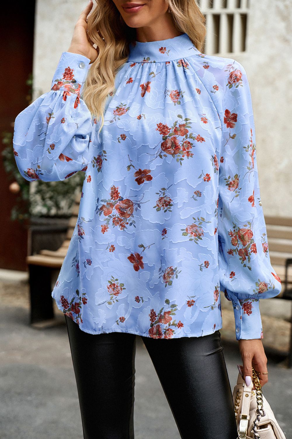 Floral Print Mock Neck Lantern Sleeve Blouse  - Doll Fits