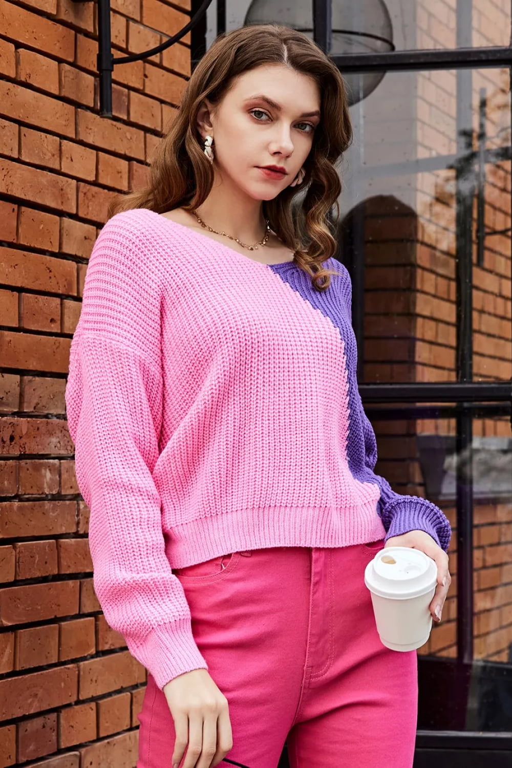 Double Take Two-Tone V-Neck Twisted Sweater  - Doll Fits
