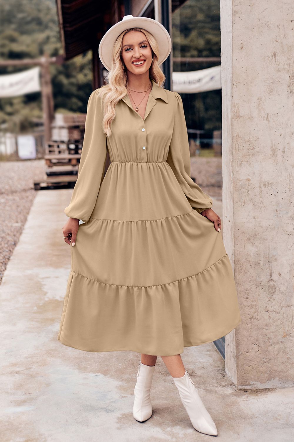 Collared Neck Long Sleeve Midi Dress  Dresses- Doll Fits