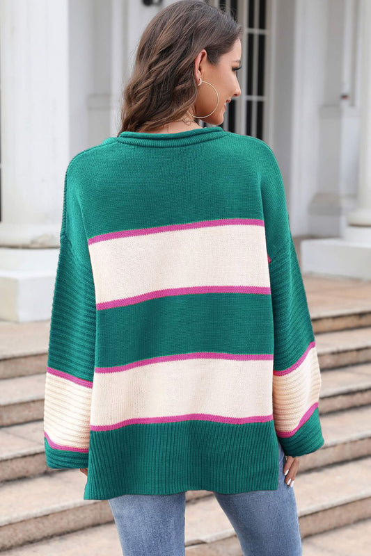 Striped Dropped Shoulder Side Slit Sweater  Shirts & Tops- Doll Fits