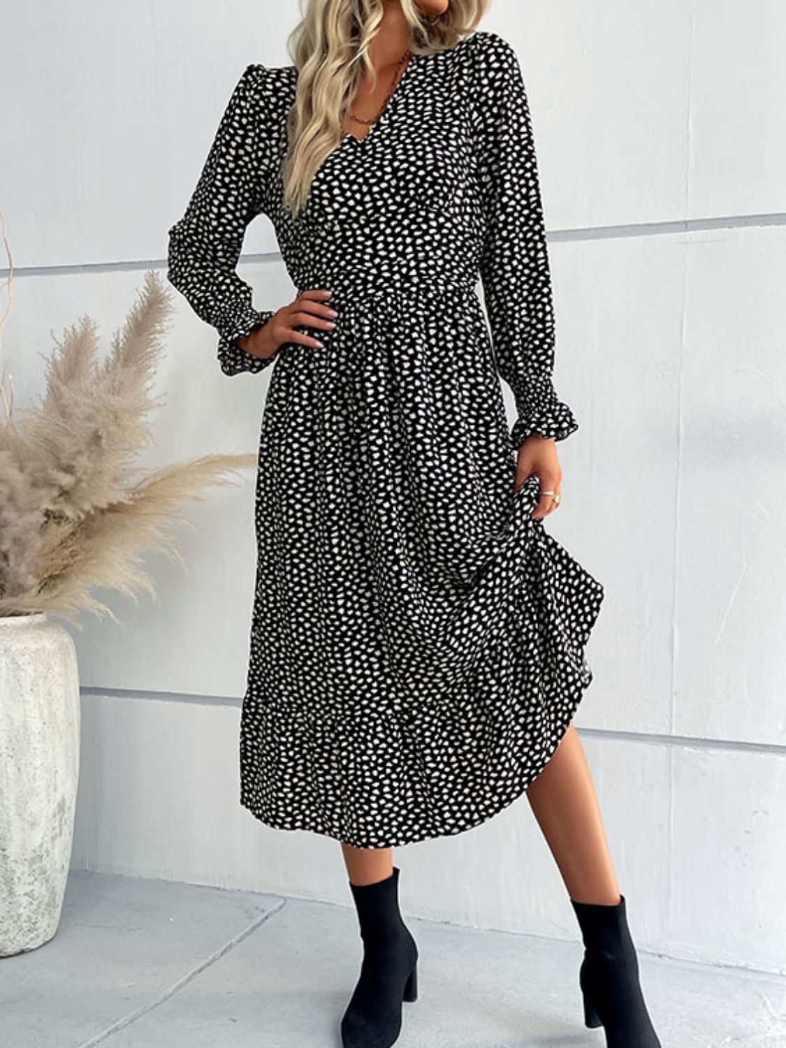 Printed Flounce Sleeve V-Neck Midi Dress  Dresses- Doll Fits