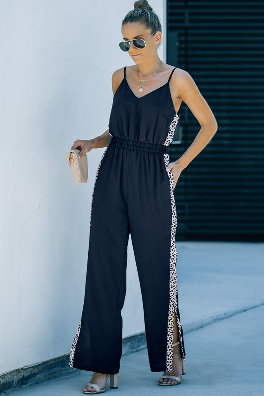 Leopard Contrast Spaghetti Strap Wide Leg Jumpsuit  Jumpsuits & Rompers- Doll Fits