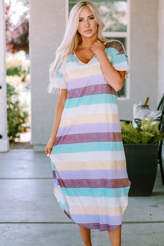 Striped V-Neck Curved Hem Midi Dress  Dresses- Doll Fits