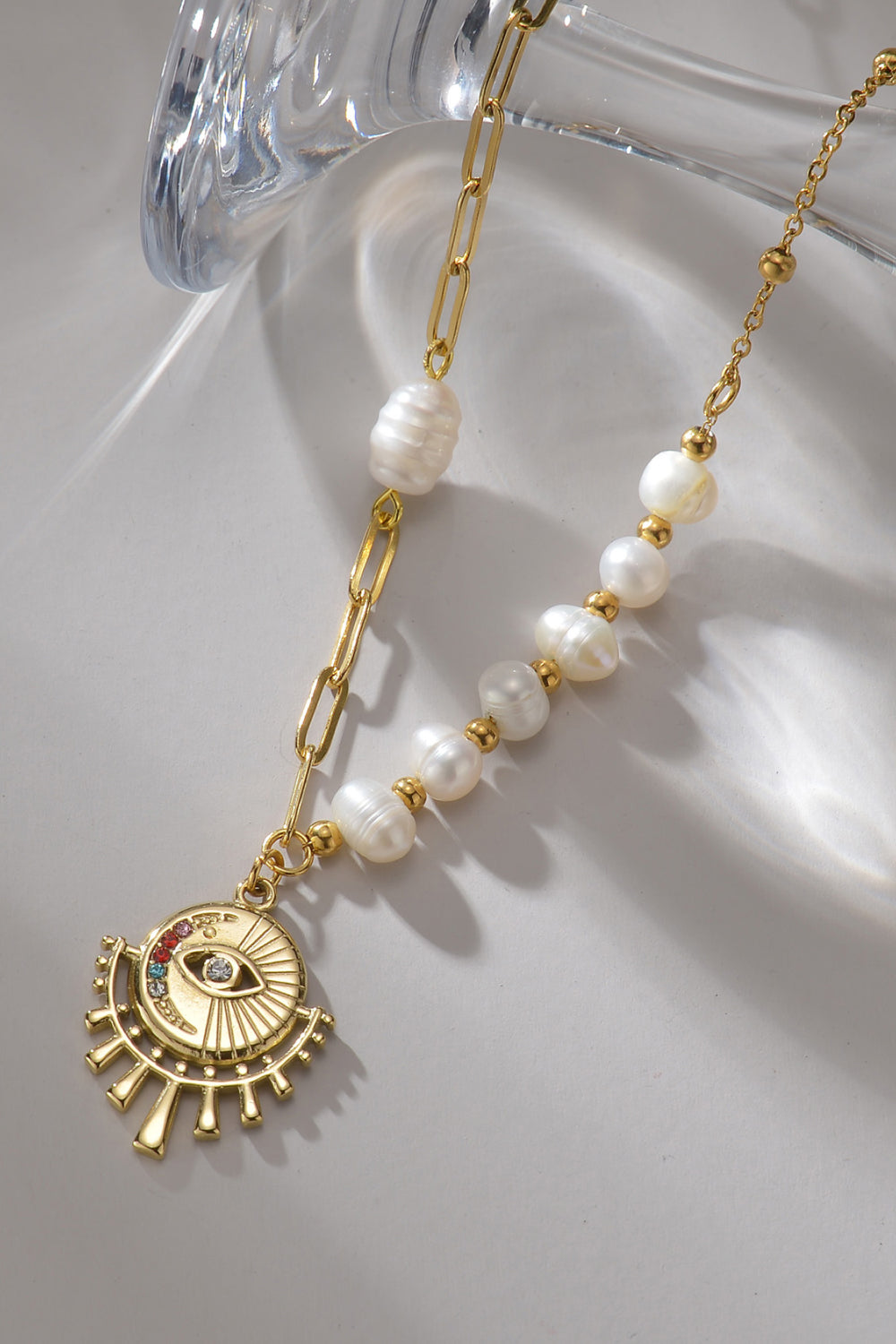 Evil Eye Pendant Pearl Stainless Steel Necklace  Necklaces- Doll Fits