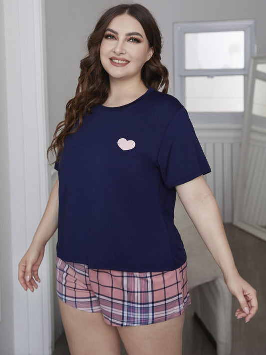 Plus Size Heart Graphic Top and Plaid Shorts Loungewear Set  Sleepwear & Loungewear- Doll Fits