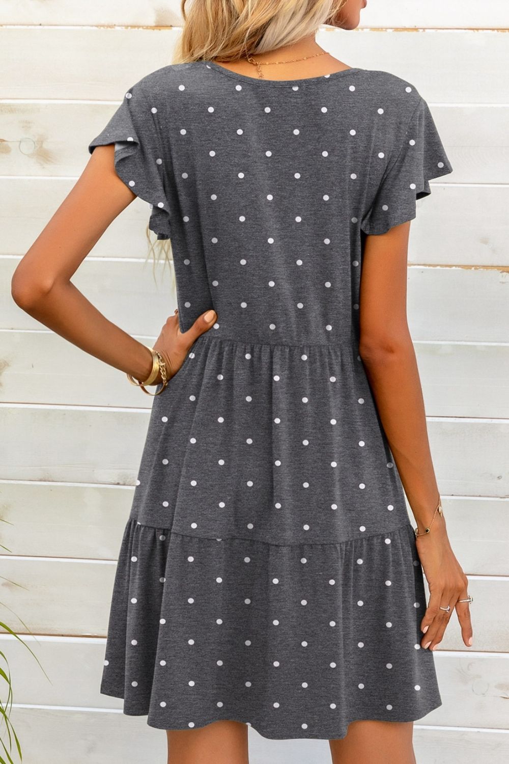 Polka Dot V-Neck Flutter Sleeve Mini Dress  Dresses- Doll Fits