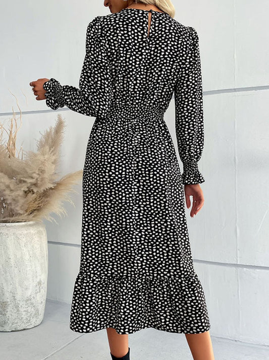 Printed Flounce Sleeve V-Neck Midi Dress  Dresses- Doll Fits