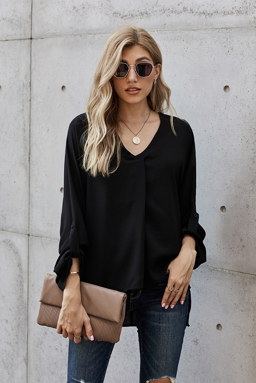 V-Neck Roll-Tab Sleeve Blouse  Shirts & Tops- Doll Fits