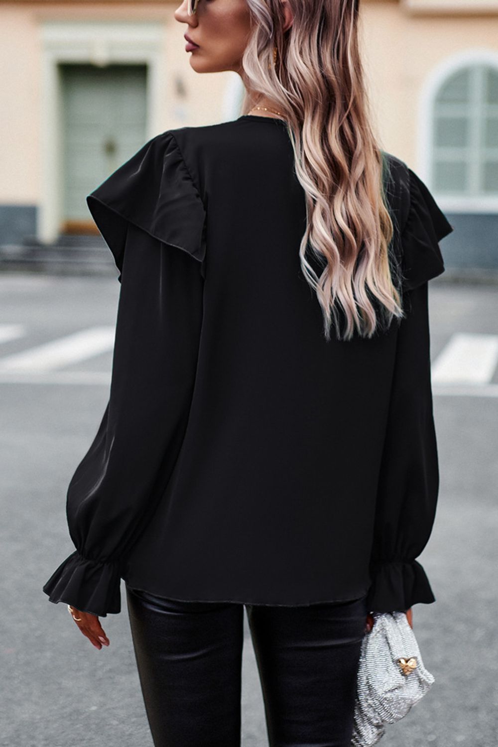 V-Neck Flounce Sleeve Ruffle Trim Blouse  - Doll Fits